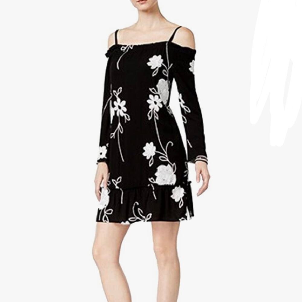 INC International Concepts Black Embroidered Floral-Print Dress NWT MED